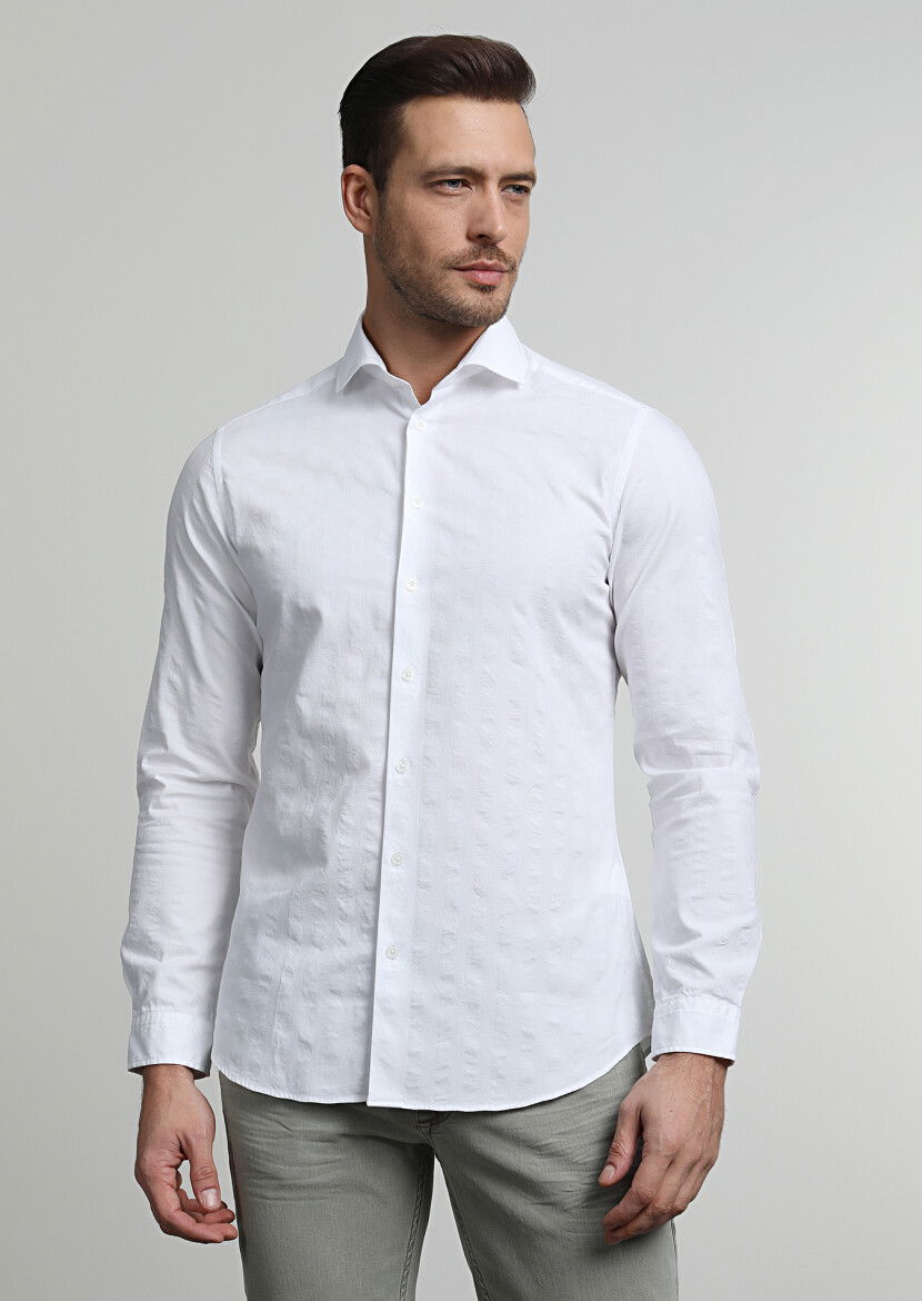 Beyaz Çizgili Slim Fit Dokuma Casual %100 Pamuk Gömlek - 3