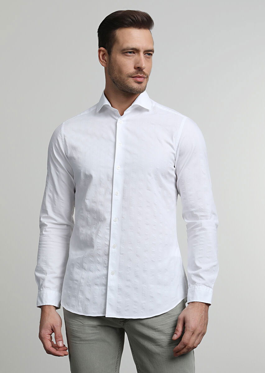 Beyaz Çizgili Slim Fit Dokuma Casual %100 Pamuk Gömlek - 3