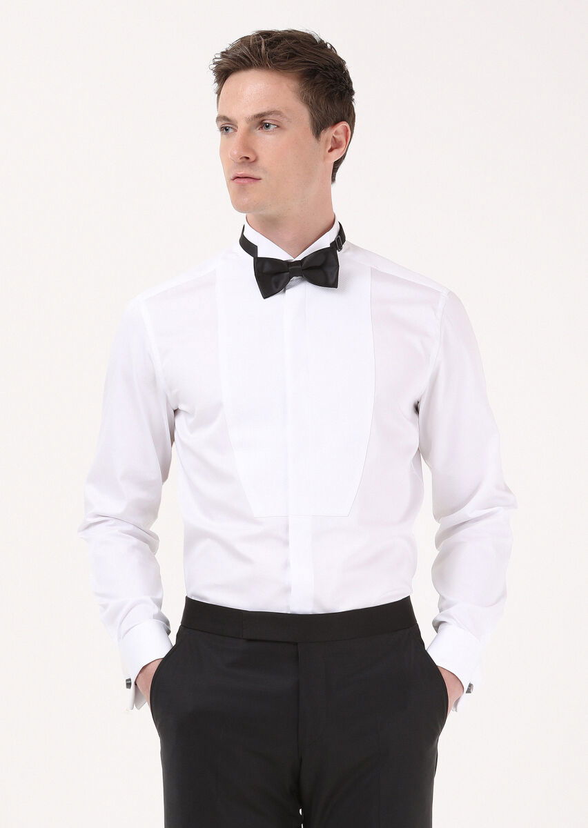 Beyaz Çizgili Slim Fit Dokuma Casual %100 Pamuk Gömlek - 1