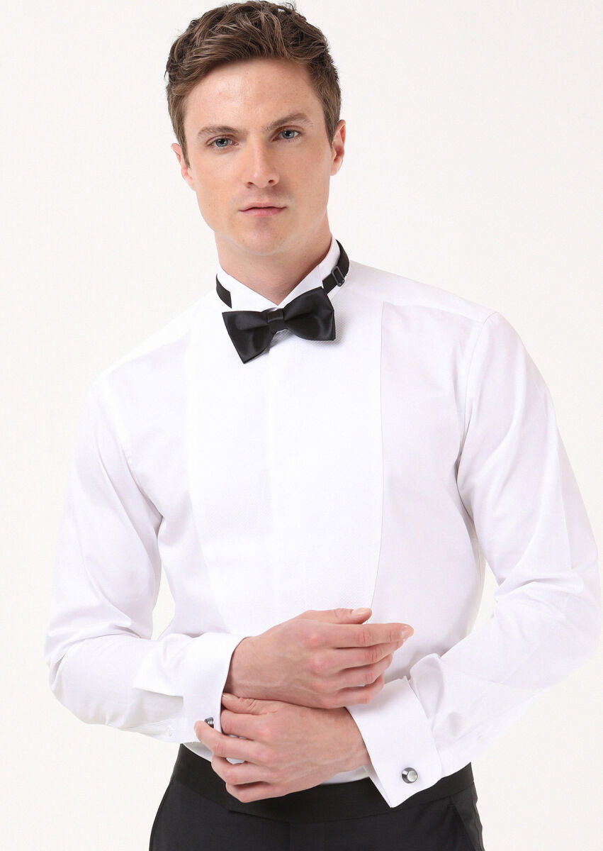 Beyaz Çizgili Slim Fit Dokuma Casual %100 Pamuk Gömlek - 2