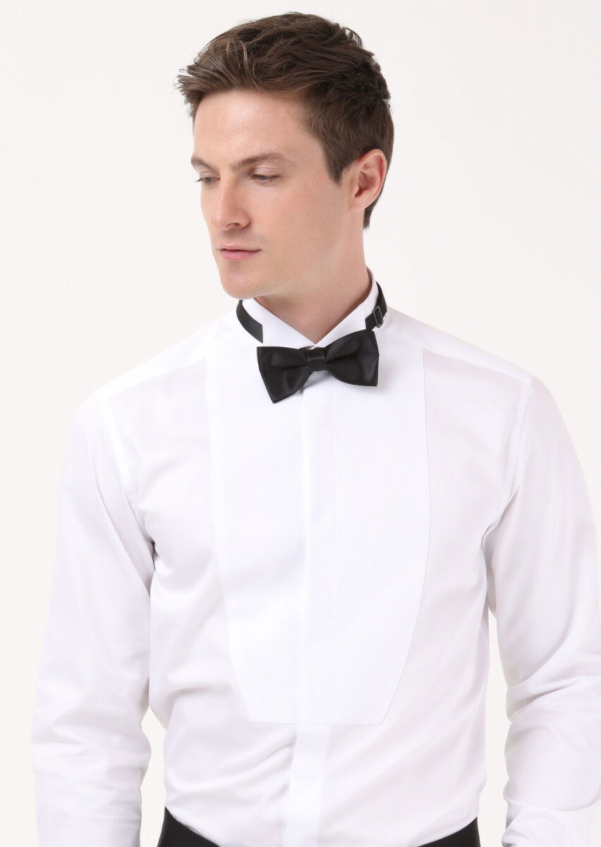 Beyaz Çizgili Slim Fit Dokuma Casual %100 Pamuk Gömlek - 3