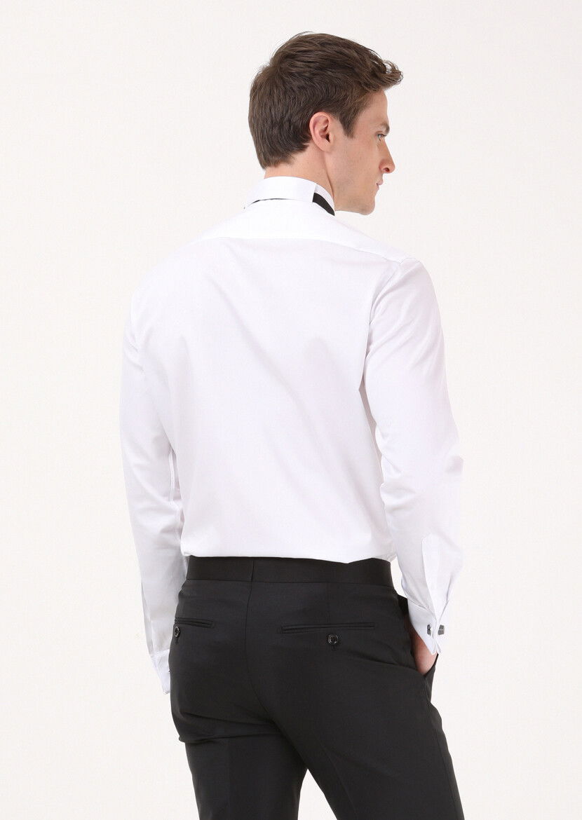Beyaz Çizgili Slim Fit Dokuma Casual %100 Pamuk Gömlek - 4