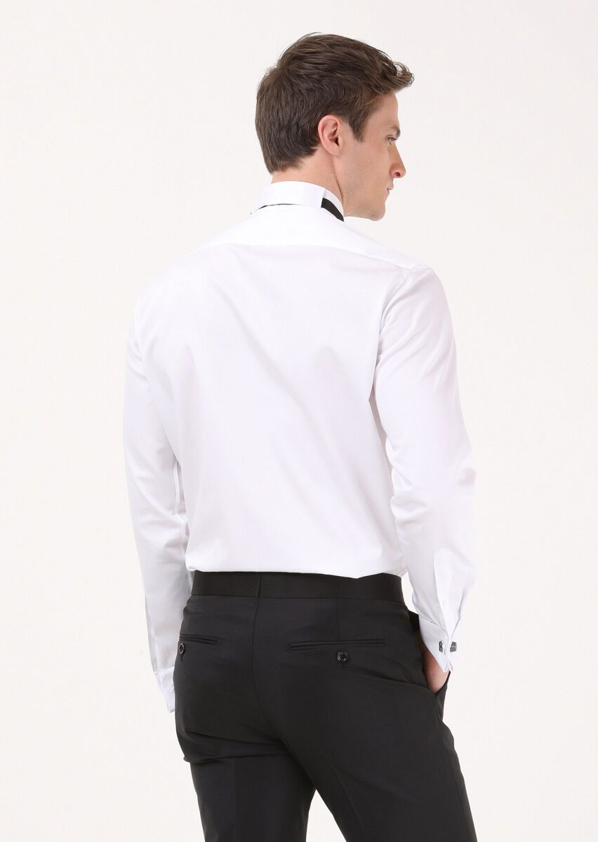 Beyaz Çizgili Slim Fit Dokuma Casual %100 Pamuk Gömlek - 4
