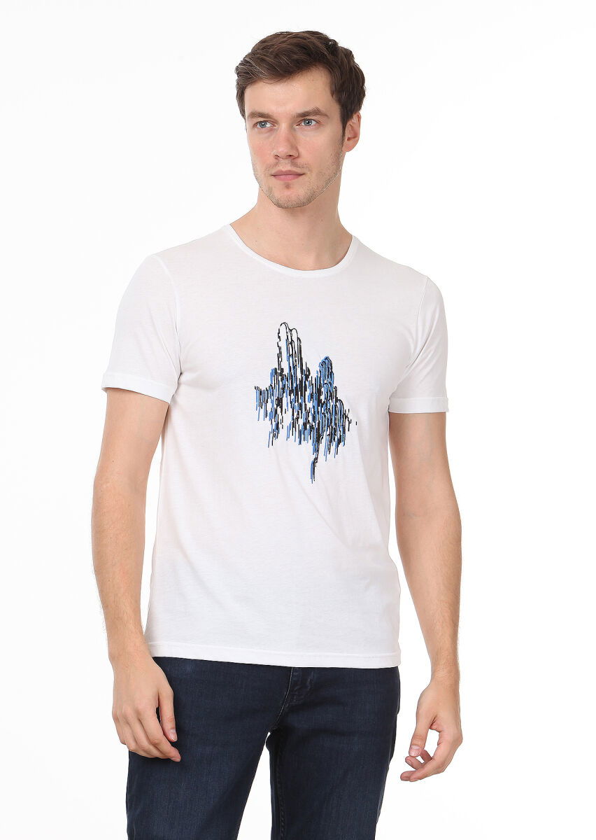 Beyaz Desenli %100 Pamuk T-Shirt - 2