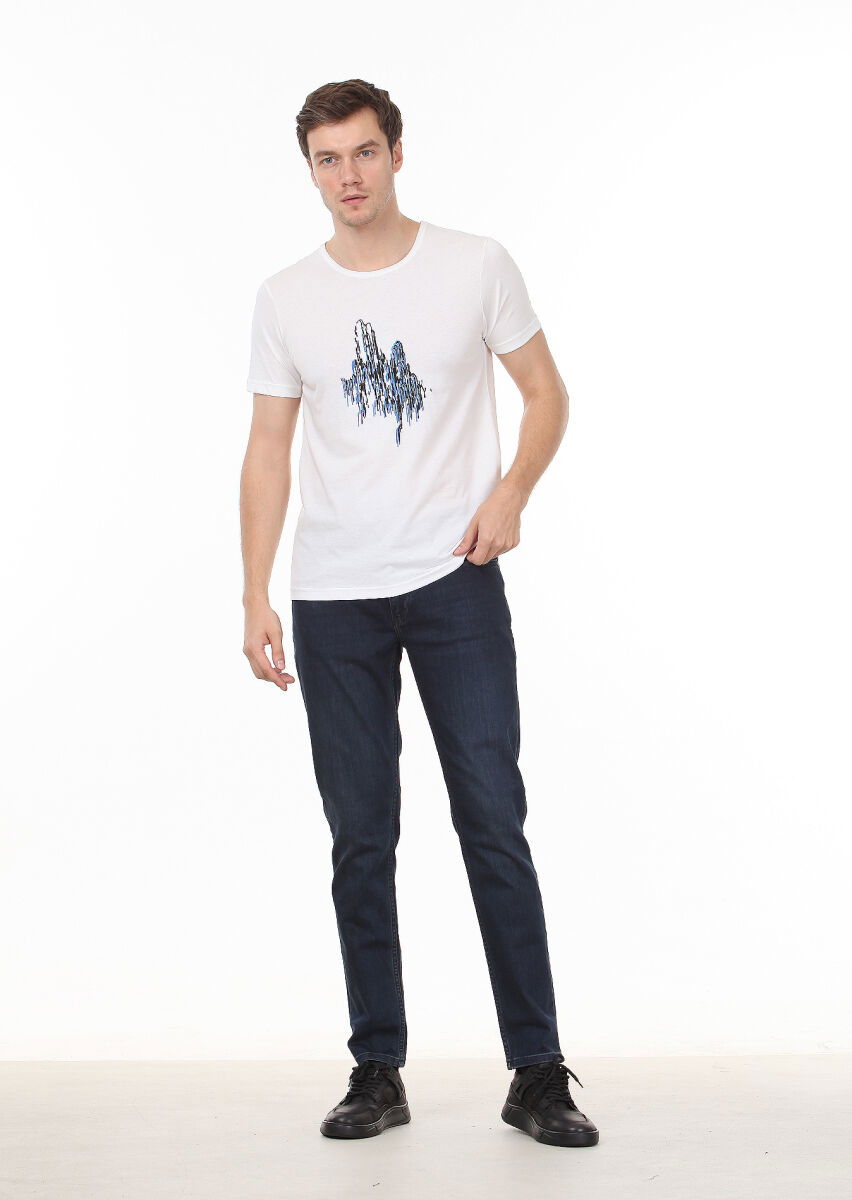 Beyaz Desenli %100 Pamuk T-Shirt - 3