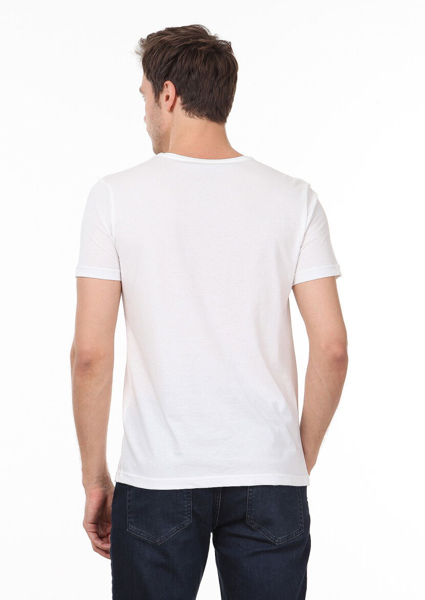 Beyaz Desenli %100 Pamuk T-Shirt - 4