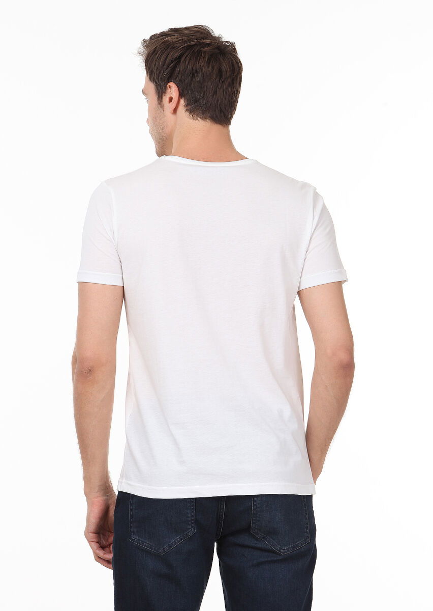 Beyaz Desenli %100 Pamuk T-Shirt - 4
