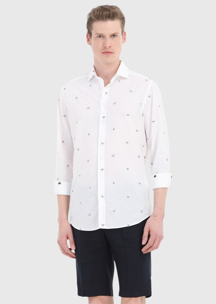 Beyaz Desenli Regular Fit Dokuma Casual Pamuk Karışımlı Gömlek - 2