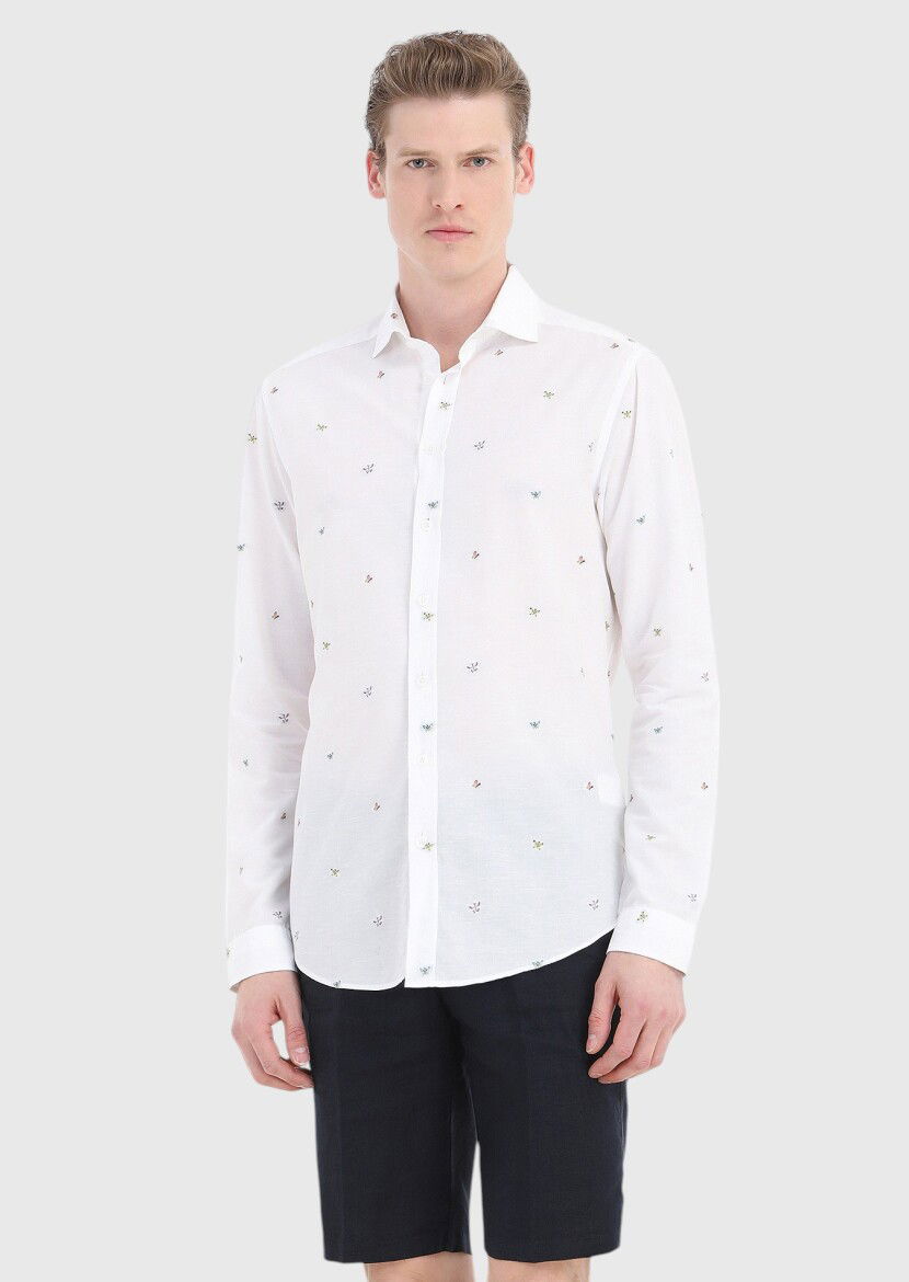 Beyaz Desenli Regular Fit Dokuma Casual Pamuk Karışımlı Gömlek - 3