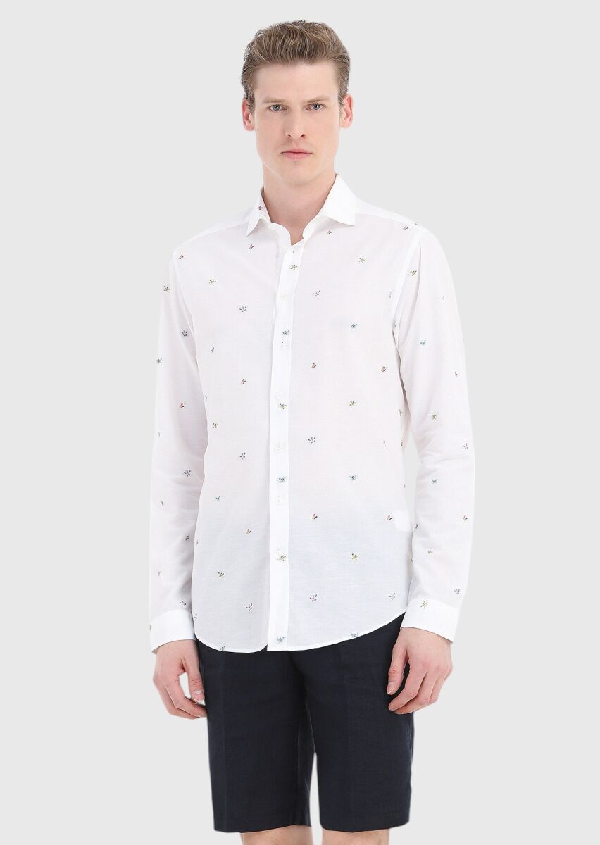 Beyaz Desenli Regular Fit Dokuma Casual Pamuk Karışımlı Gömlek - 3