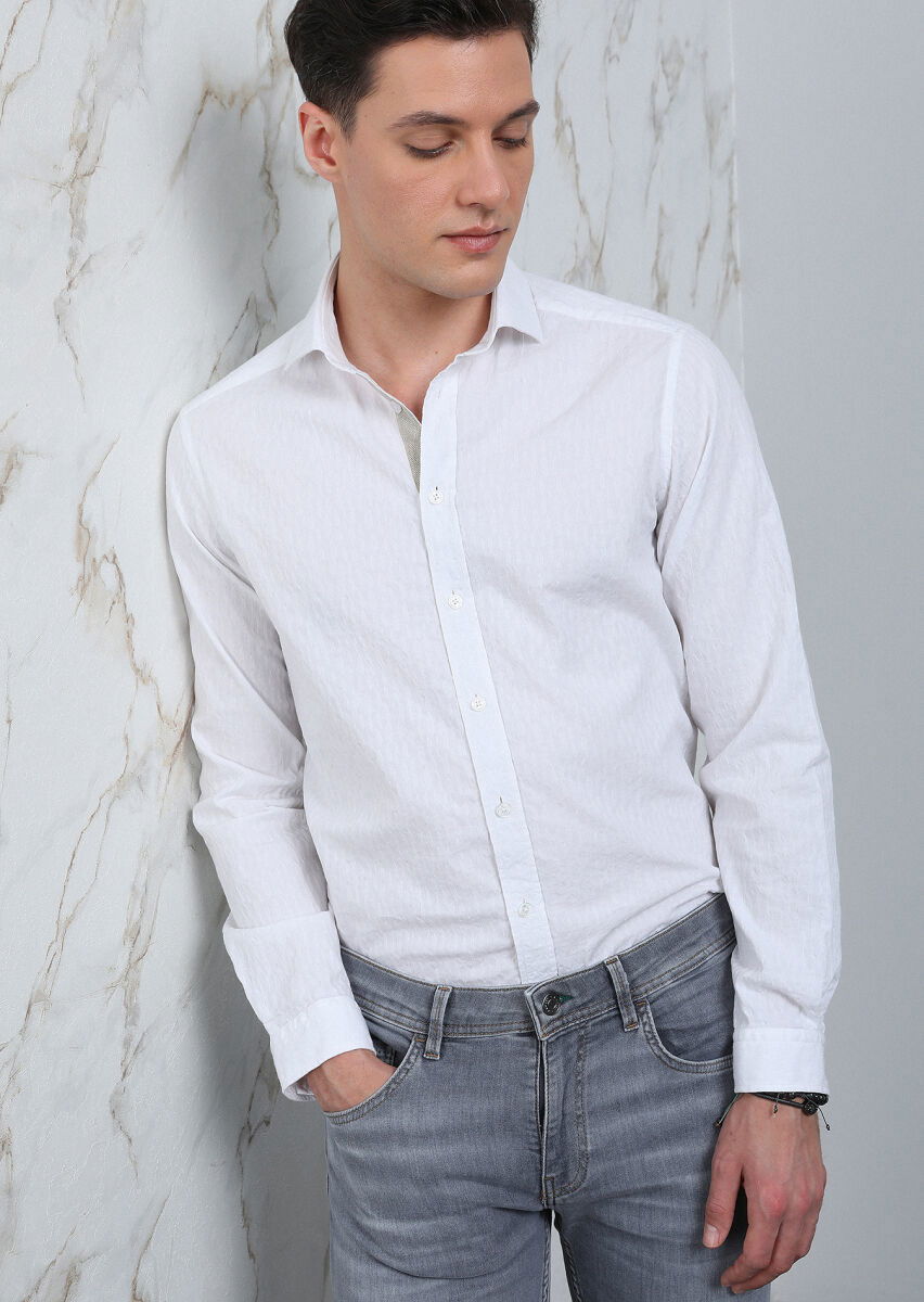 Beyaz Desenli Regular Fit Dokuma Casual Pamuk Karışımlı Gömlek - 1