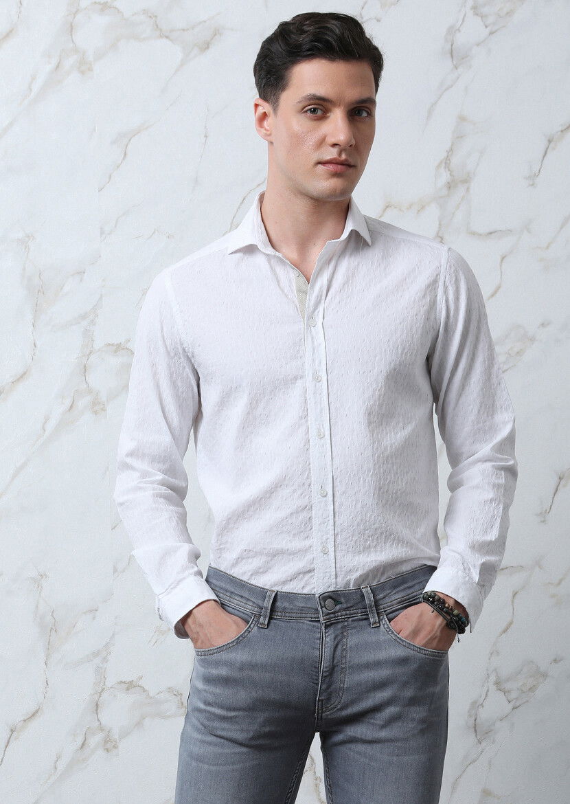 Beyaz Desenli Regular Fit Dokuma Casual Pamuk Karışımlı Gömlek - 2