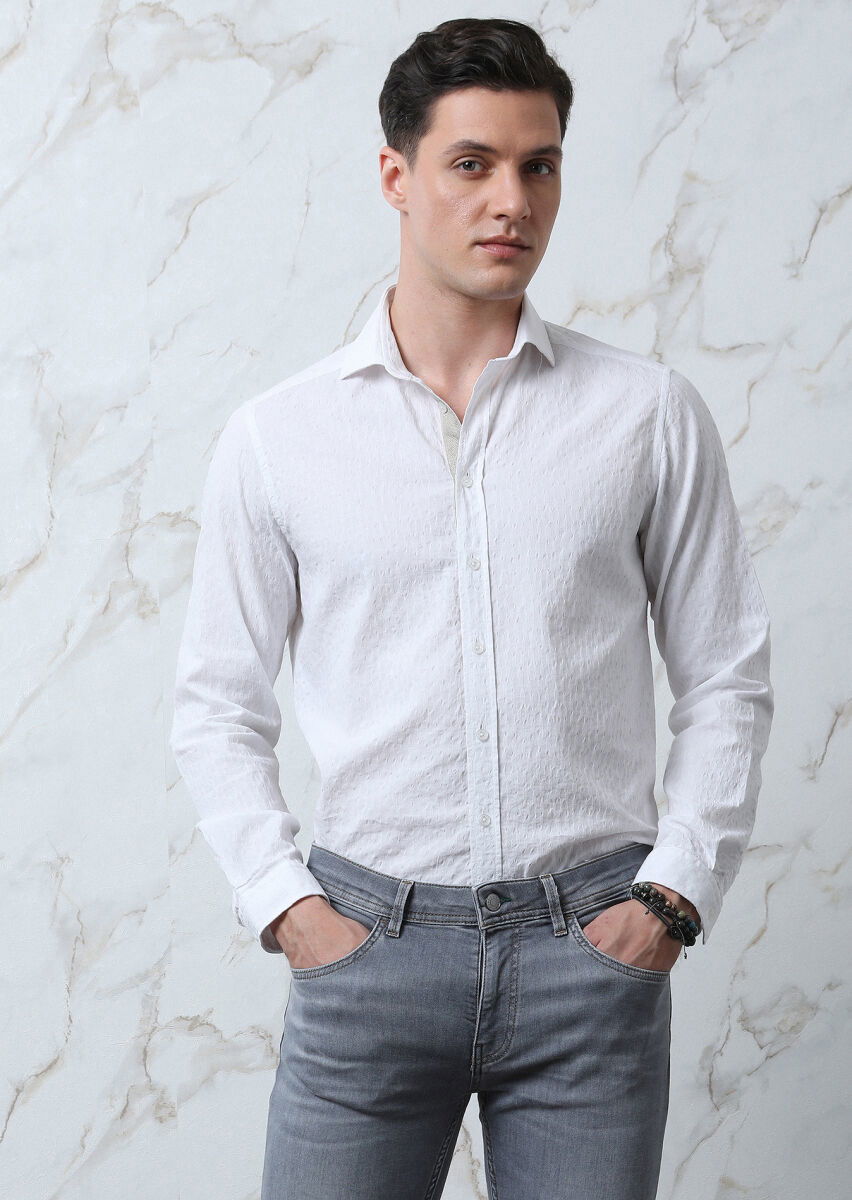 Beyaz Desenli Regular Fit Dokuma Casual Pamuk Karışımlı Gömlek - 2