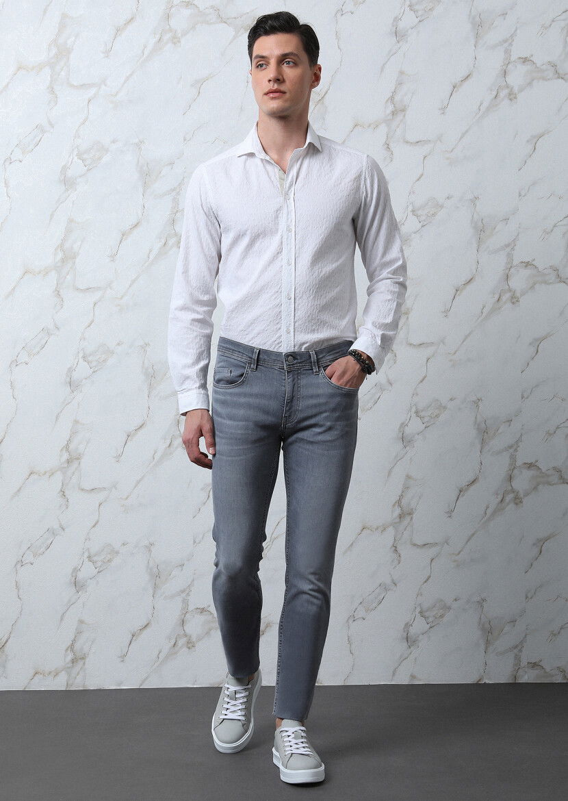 Beyaz Desenli Regular Fit Dokuma Casual Pamuk Karışımlı Gömlek - 3