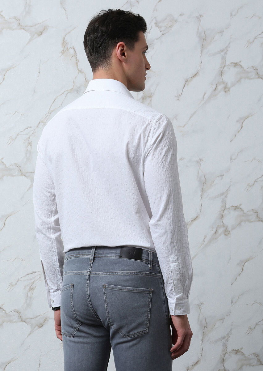 Beyaz Desenli Regular Fit Dokuma Casual Pamuk Karışımlı Gömlek - 5