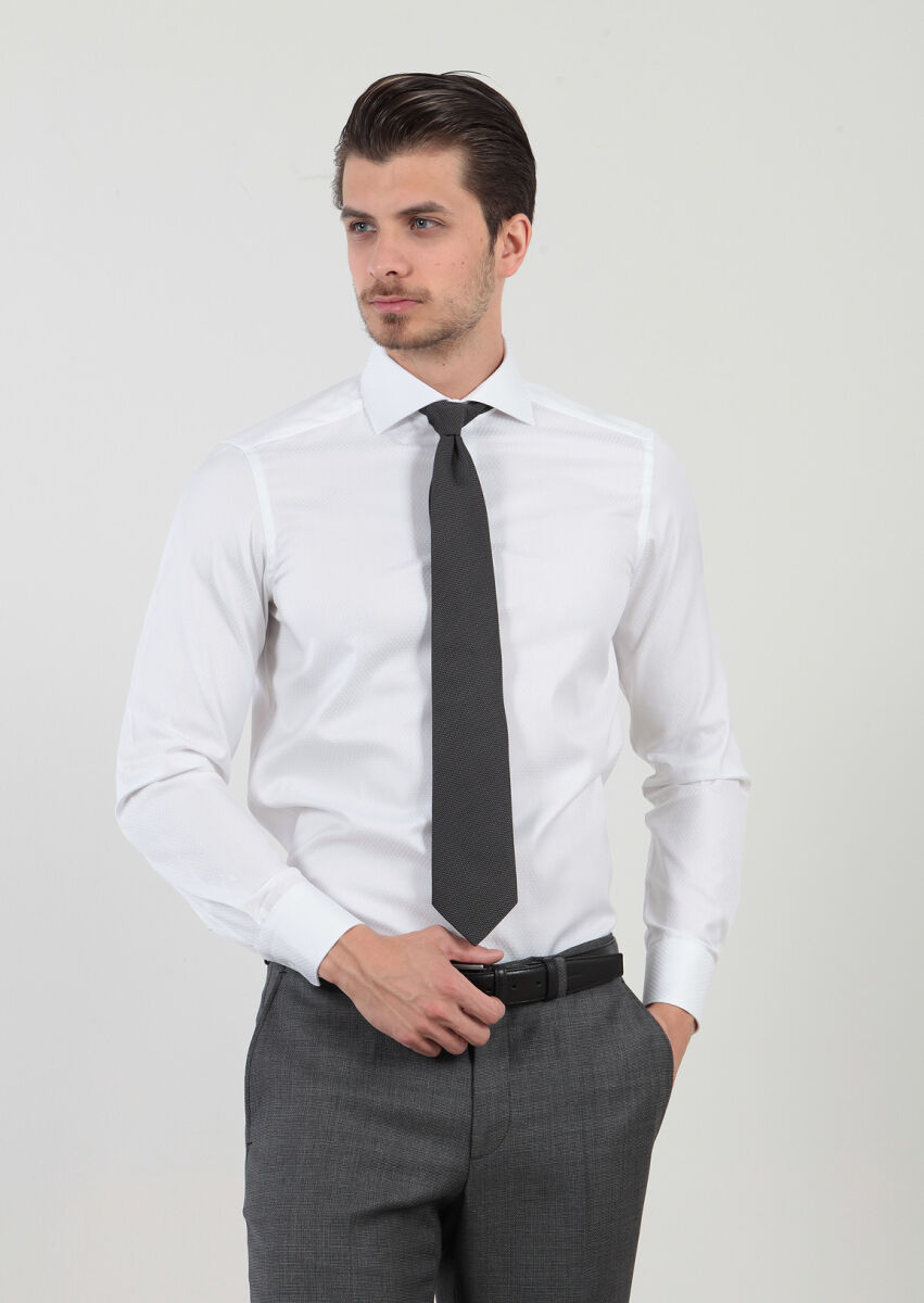 Beyaz Desenli Regular Fit Dokuma Klasik %100 Pamuk Gömlek - 4