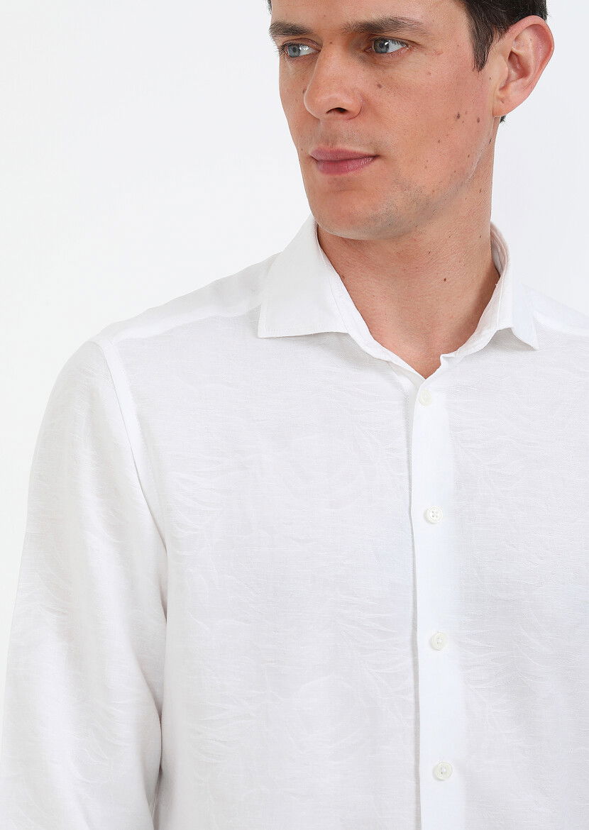 Beyaz Desenli Slim Fit Dokuma Casual Pamuk Karışımlı Gömlek - 3
