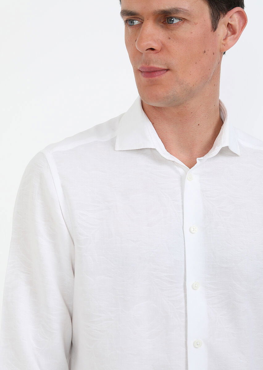 Beyaz Desenli Slim Fit Dokuma Casual Pamuk Karışımlı Gömlek - 3
