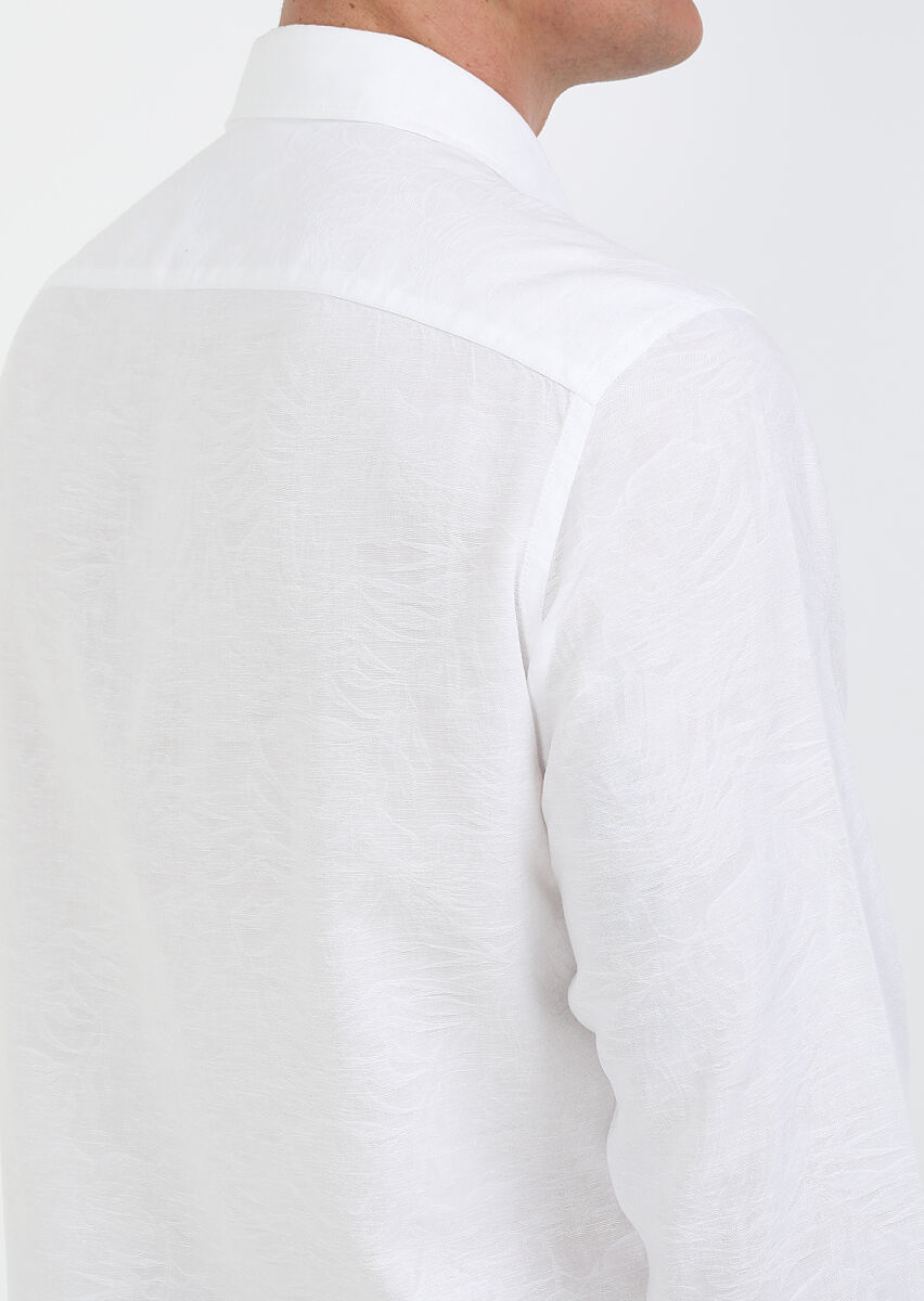 Beyaz Desenli Slim Fit Dokuma Casual Pamuk Karışımlı Gömlek - 4