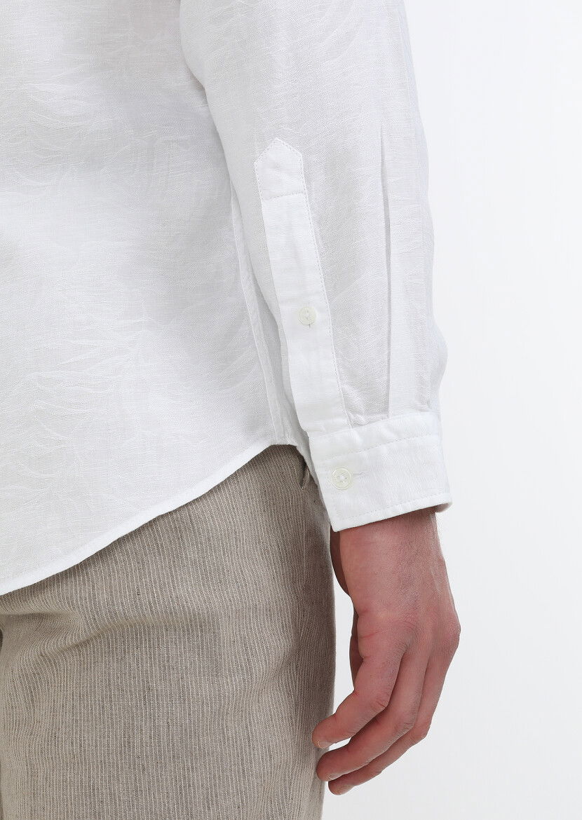 Beyaz Desenli Slim Fit Dokuma Casual Pamuk Karışımlı Gömlek - 5