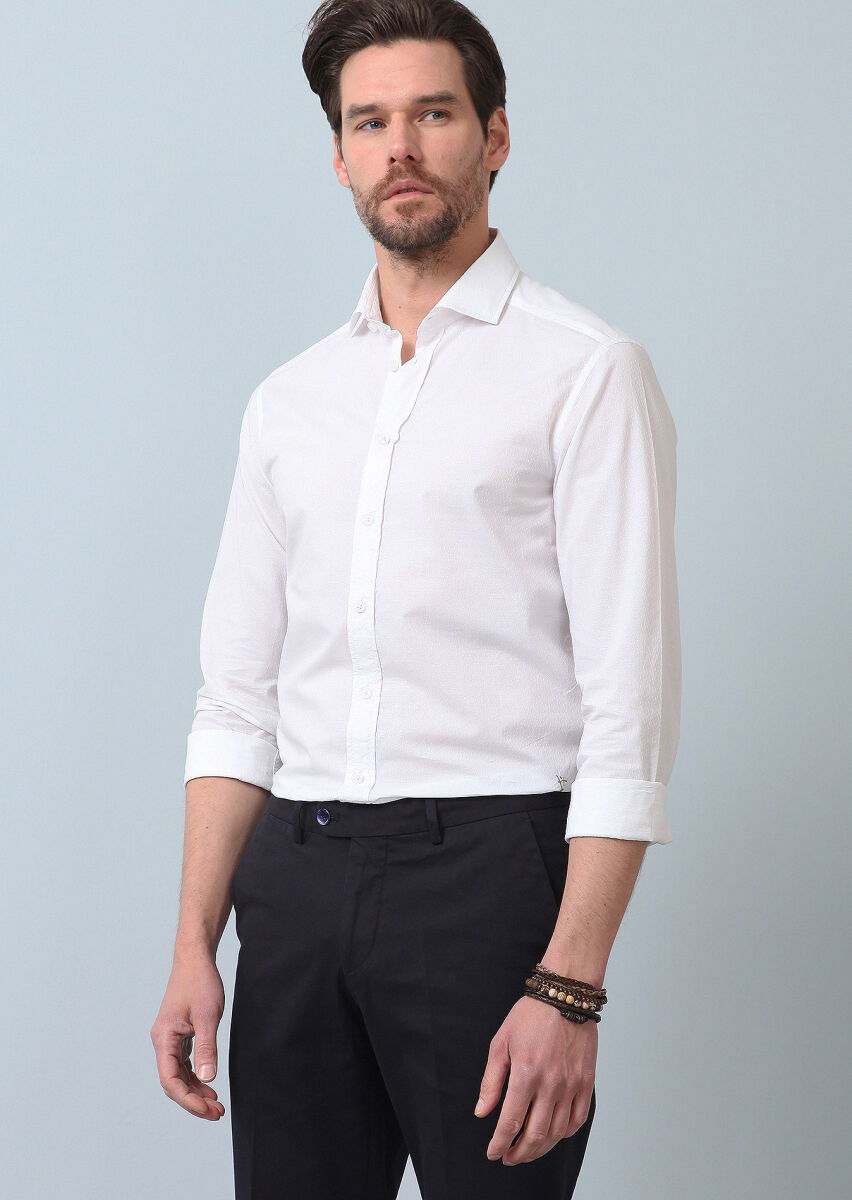Beyaz Desenli Slim Fit Dokuma Casual Pamuk Karışımlı Gömlek - 1
