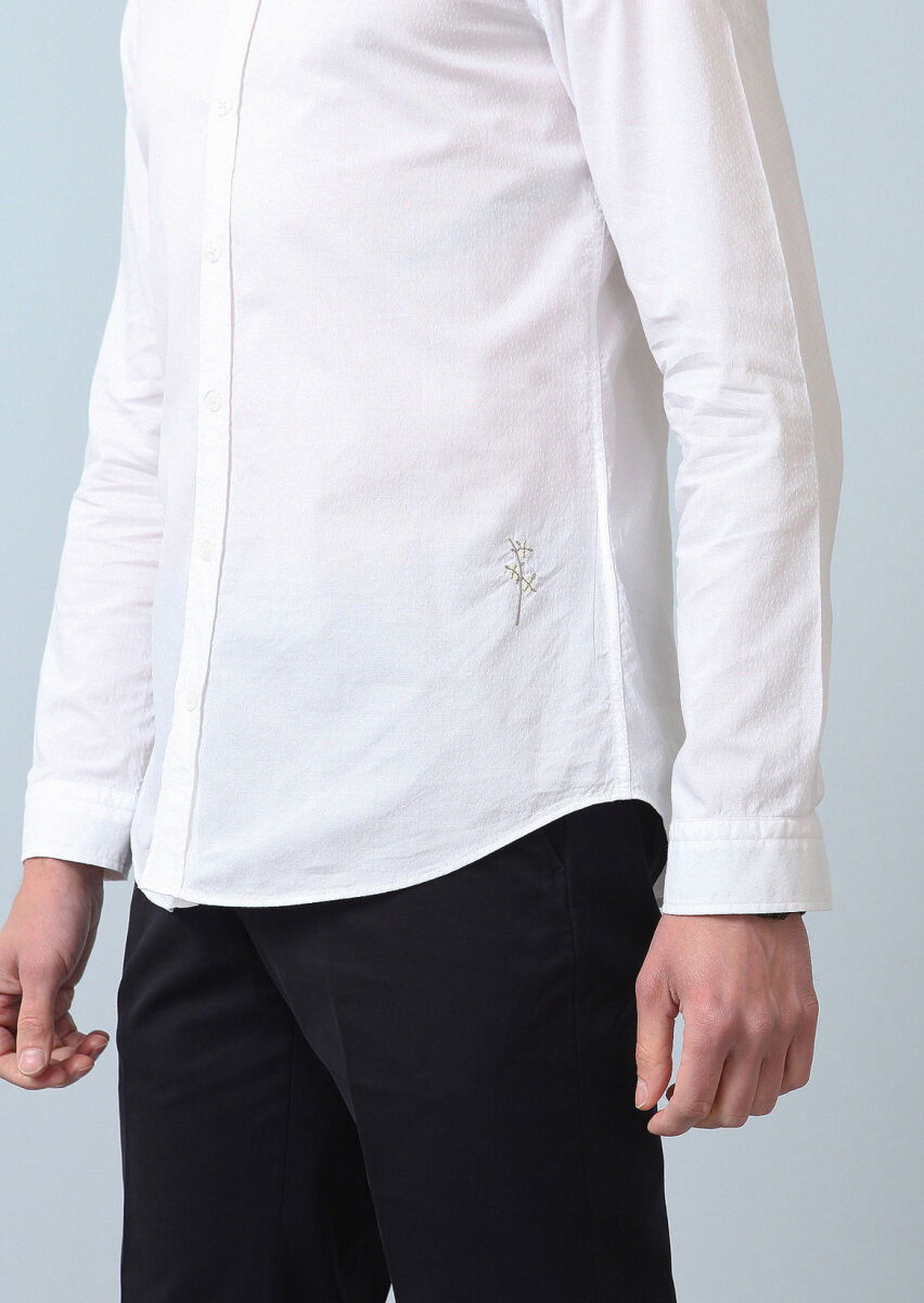 Beyaz Desenli Slim Fit Dokuma Casual Pamuk Karışımlı Gömlek - 4