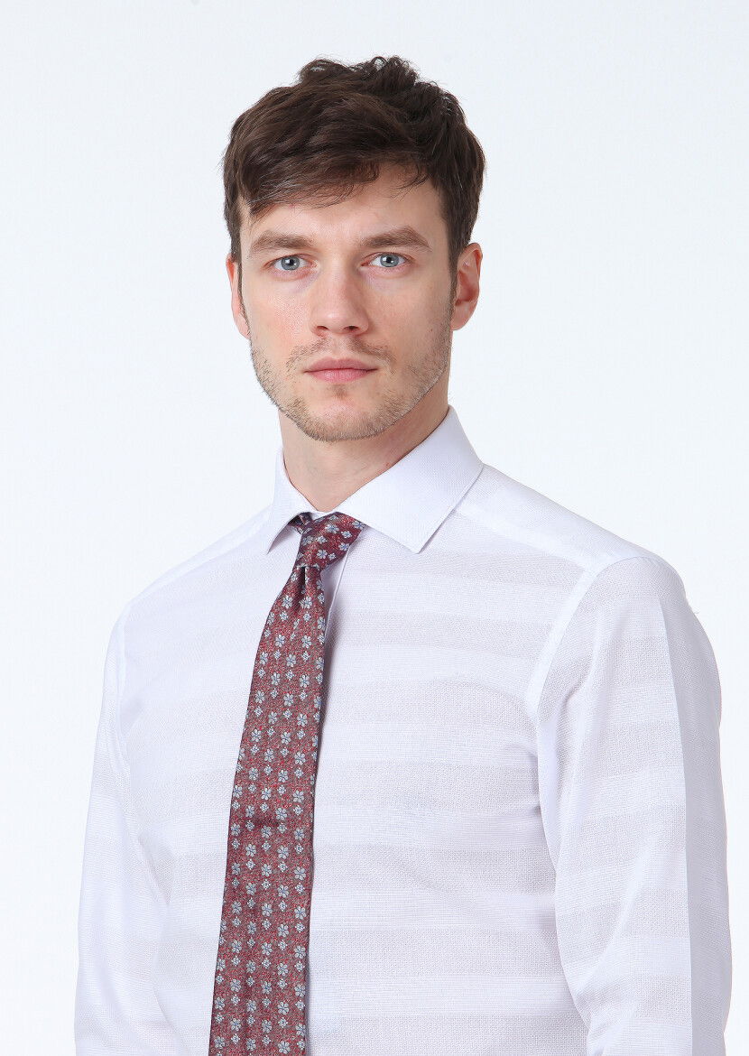 Beyaz Desenli Slim Fit Dokuma Klasik %100 Pamuk Gömlek - 3