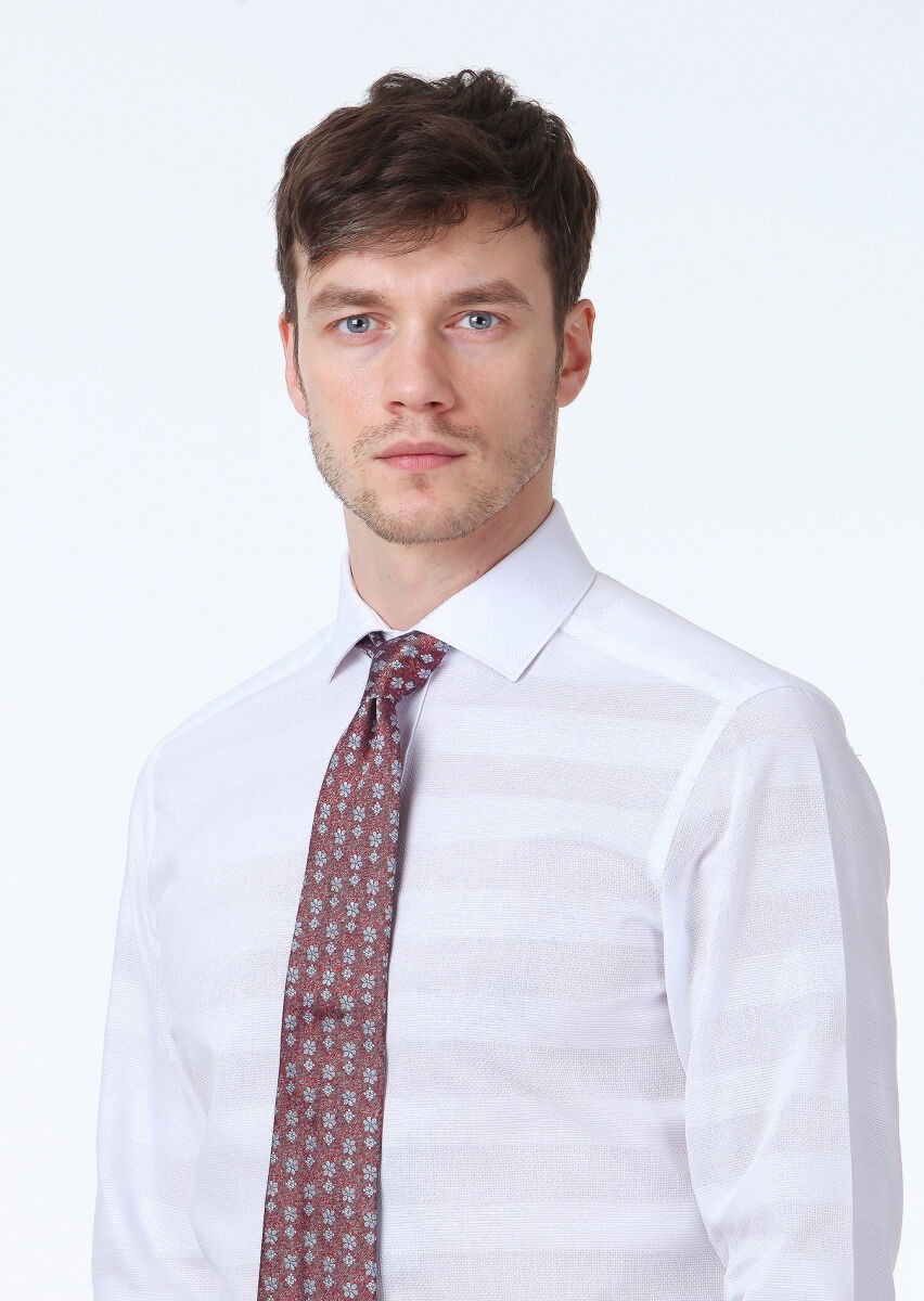Beyaz Desenli Slim Fit Dokuma Klasik %100 Pamuk Gömlek - 3