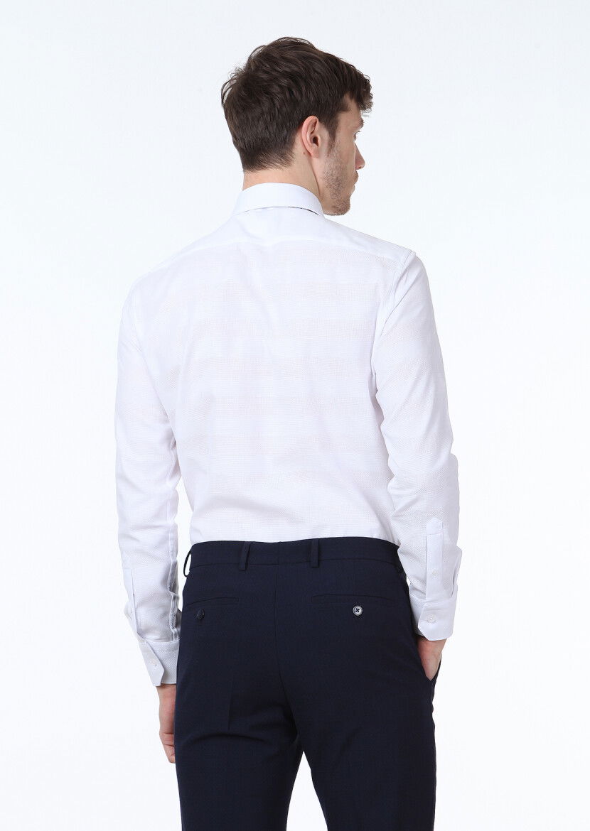 Beyaz Desenli Slim Fit Dokuma Klasik %100 Pamuk Gömlek - 4
