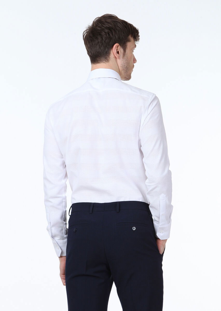 Beyaz Desenli Slim Fit Dokuma Klasik %100 Pamuk Gömlek - 4