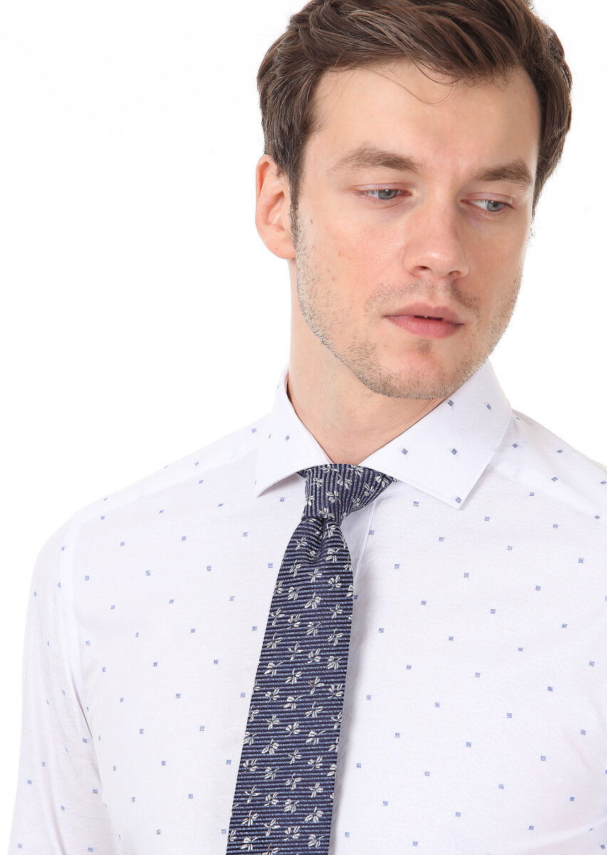 Beyaz Desenli Slim Fit Dokuma Klasik %100 Pamuk Gömlek - 2