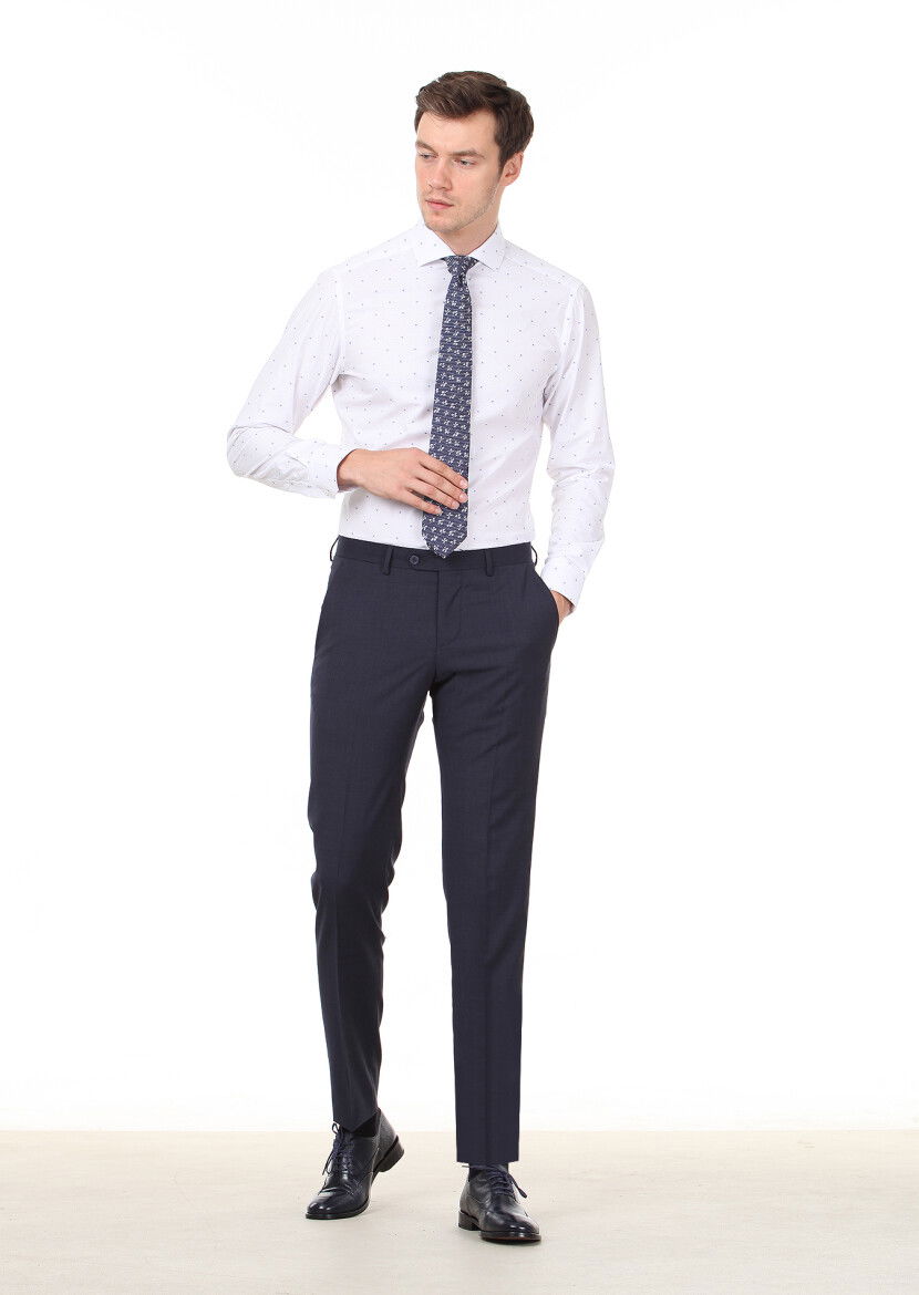 Beyaz Desenli Slim Fit Dokuma Klasik %100 Pamuk Gömlek - 3