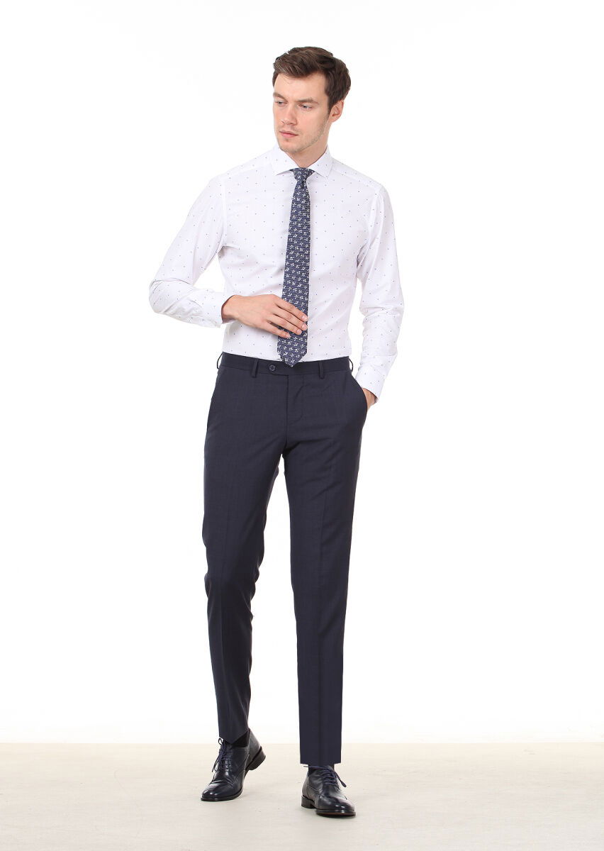 Beyaz Desenli Slim Fit Dokuma Klasik %100 Pamuk Gömlek - 3