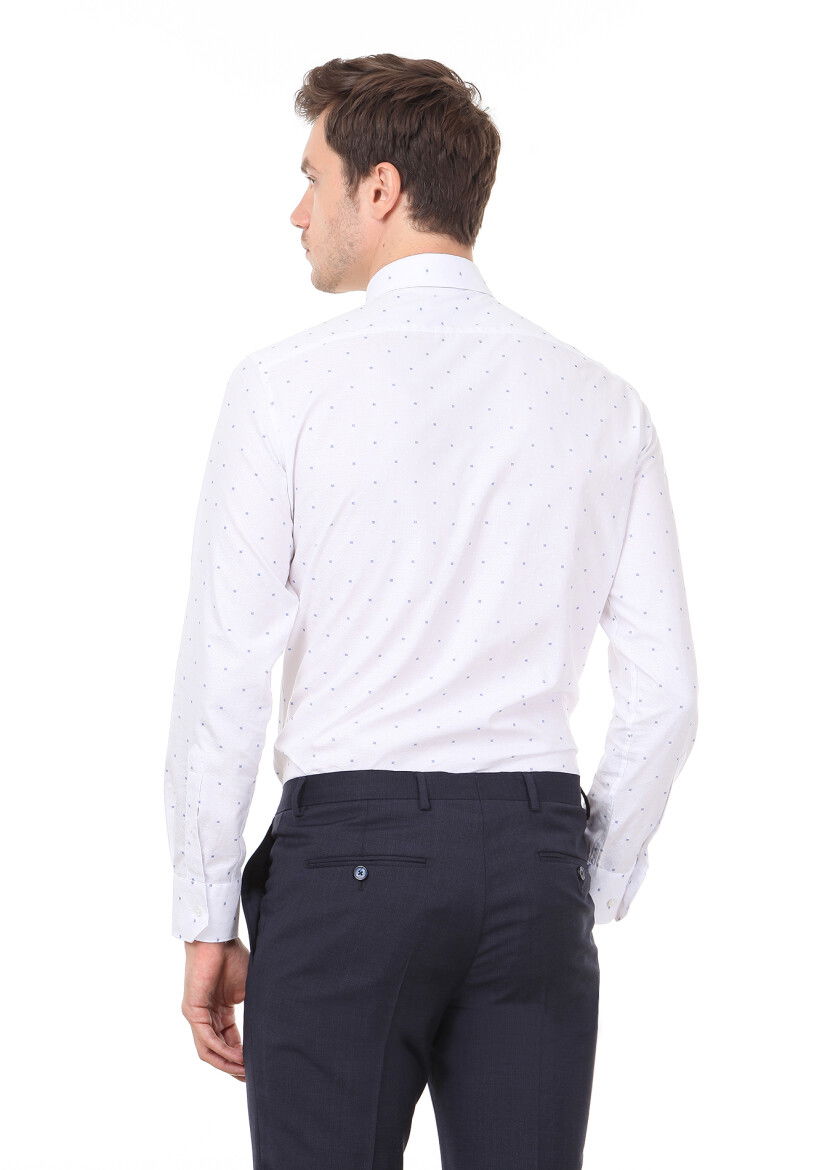 Beyaz Desenli Slim Fit Dokuma Klasik %100 Pamuk Gömlek - 4
