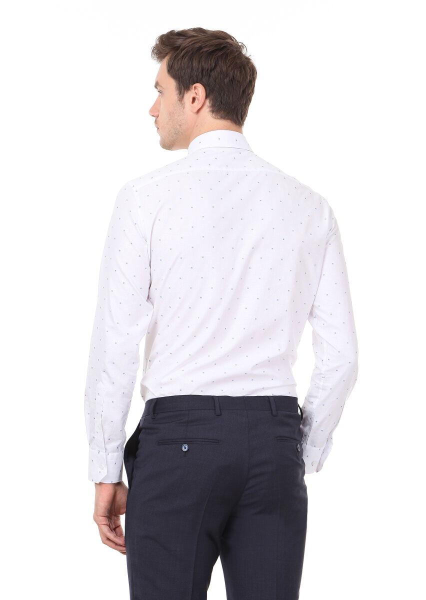 Beyaz Desenli Slim Fit Dokuma Klasik %100 Pamuk Gömlek - 4