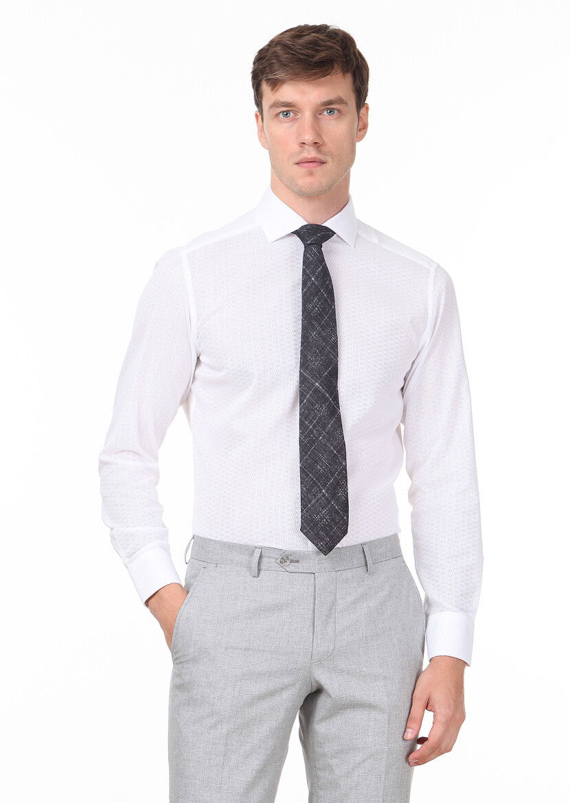 Beyaz Desenli Slim Fit Dokuma Klasik %100 Pamuk Gömlek 