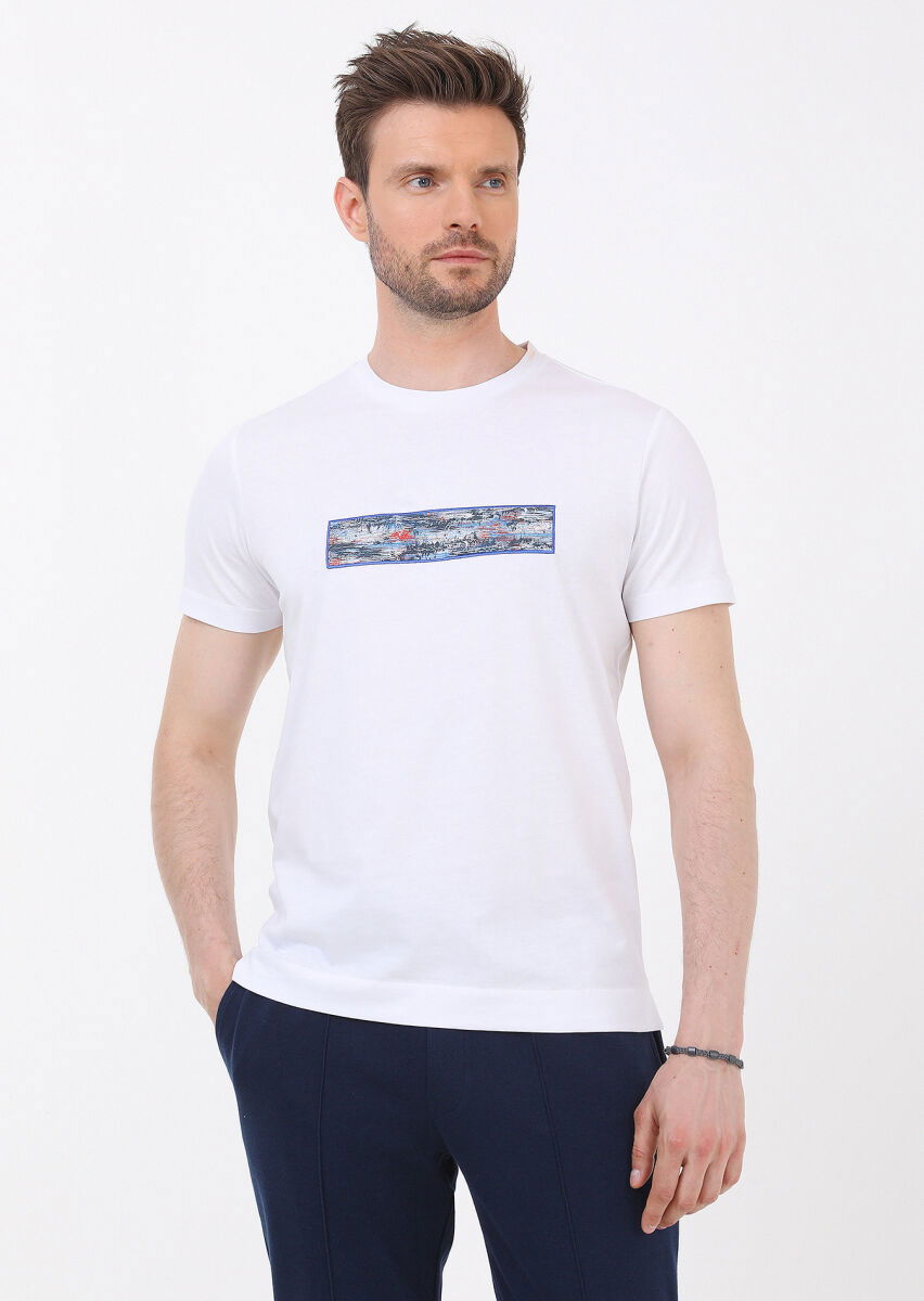 Beyaz Düz Bisiklet Yaka %100 Pamuk T-Shirt - 1