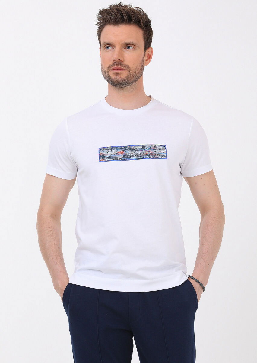 Beyaz Düz Bisiklet Yaka %100 Pamuk T-Shirt - 4