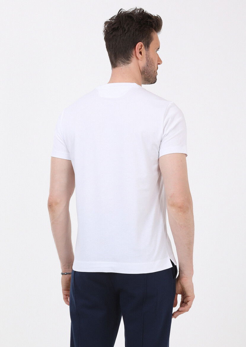 Beyaz Düz Bisiklet Yaka %100 Pamuk T-Shirt - 5