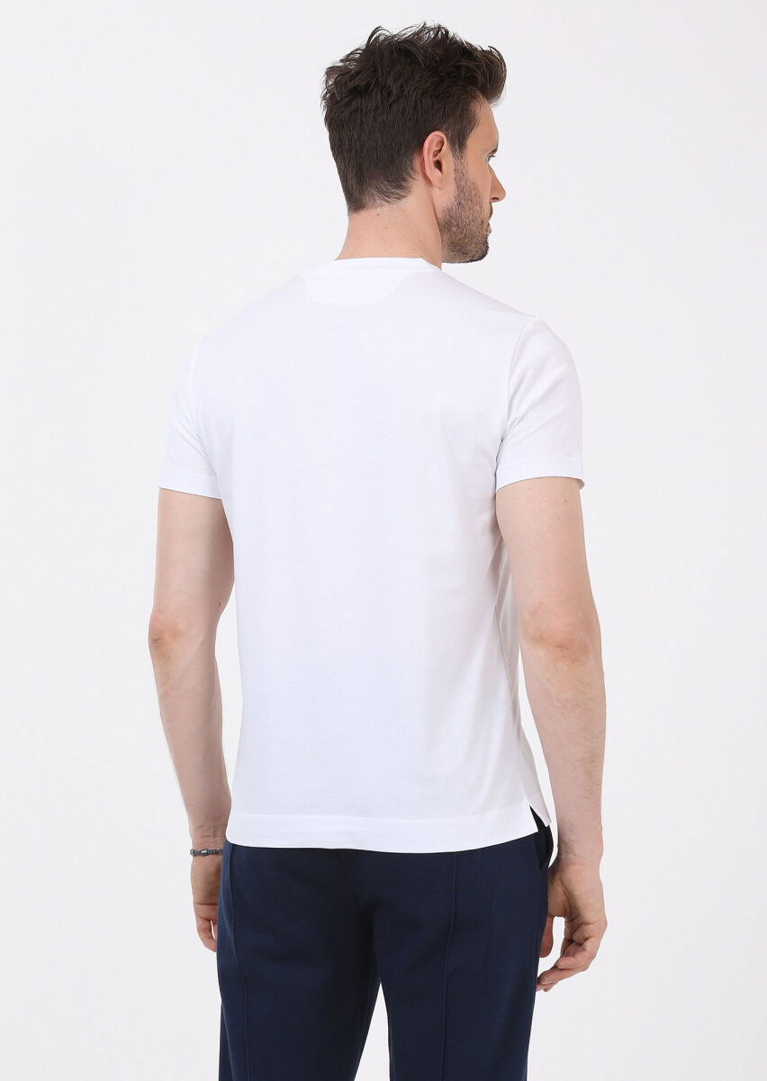 Beyaz Düz Bisiklet Yaka %100 Pamuk T-Shirt - 5