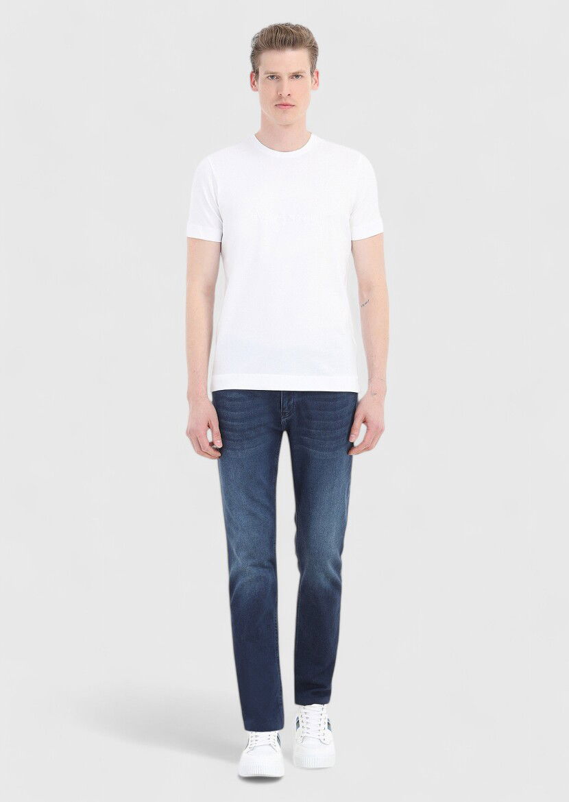 Beyaz Düz Bisiklet Yaka %100 Pamuk T-Shirt - 1