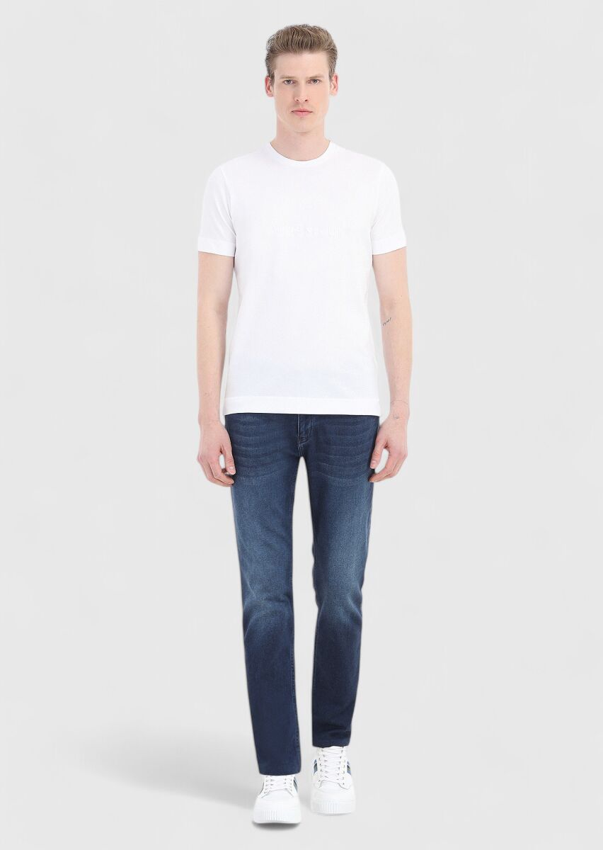 Beyaz Düz Bisiklet Yaka %100 Pamuk T-Shirt - 1