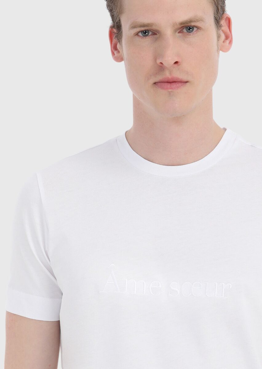 Beyaz Düz Bisiklet Yaka %100 Pamuk T-Shirt - 3