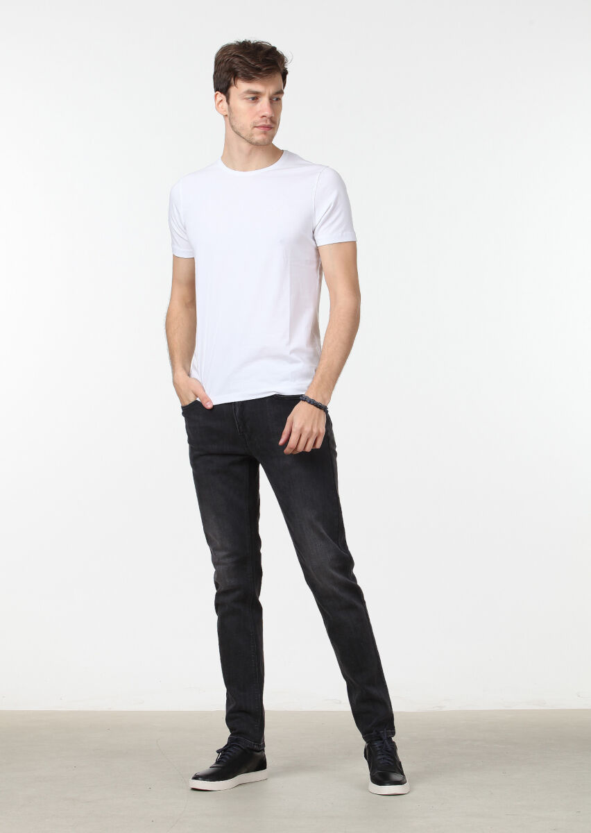 Beyaz Düz Pamuk Karışımlı T-Shirt - 2