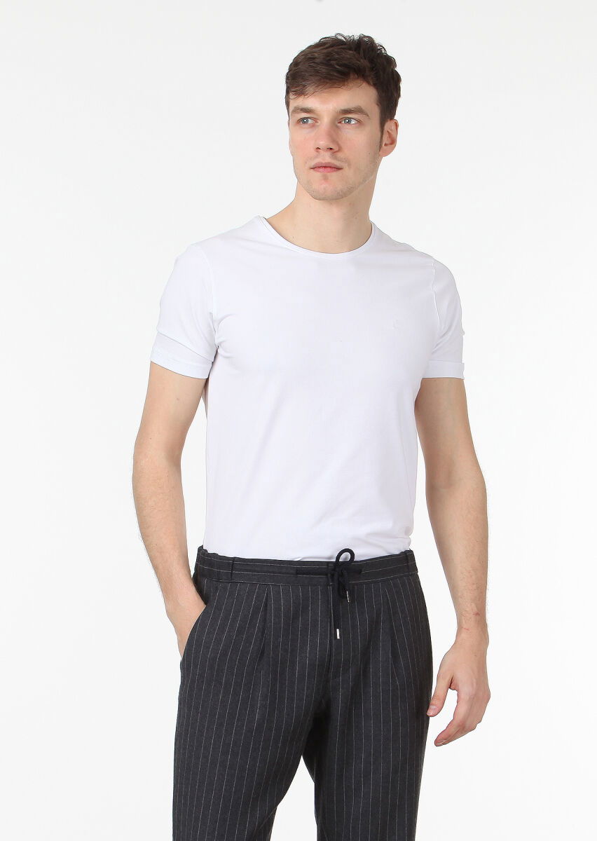 Beyaz Düz Pamuk Karışımlı T-Shirt - 1