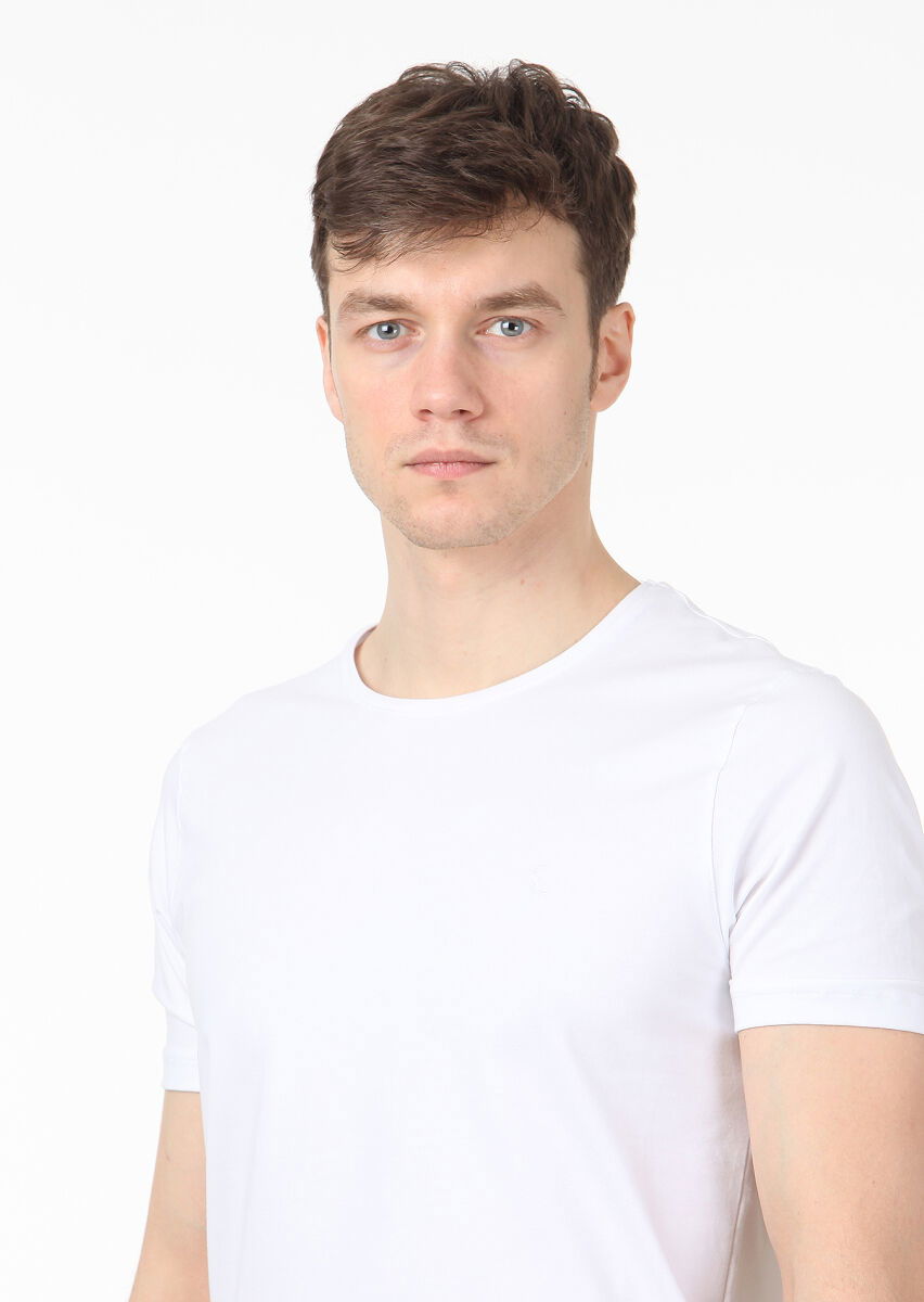 Beyaz Düz Pamuk Karışımlı T-Shirt - 2