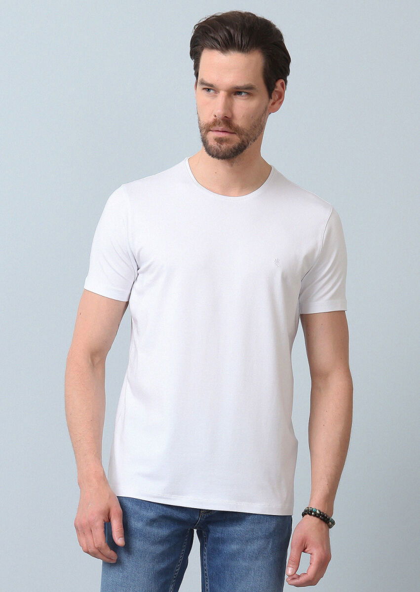 Beyaz Düz Pamuk Karışımlı T-Shirt - 5