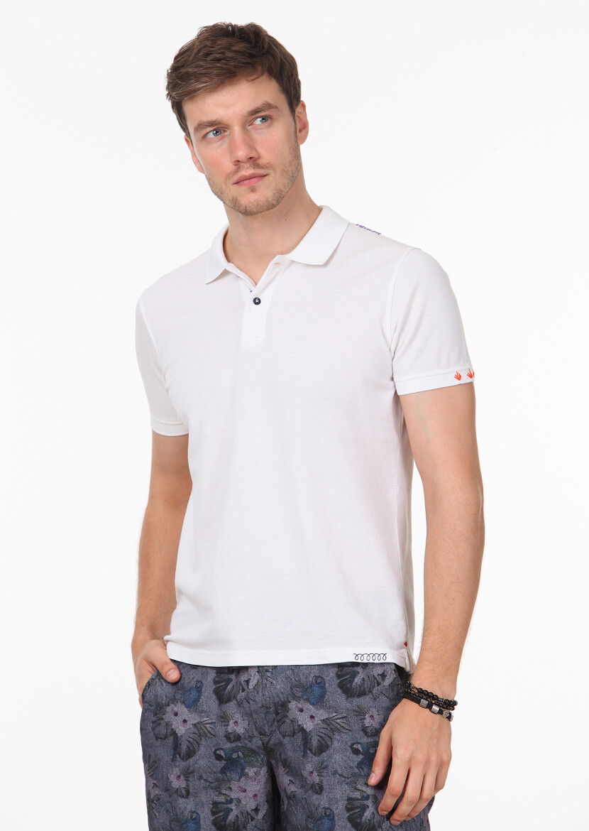 Beyaz Düz Polo Yaka %100 Pamuk T-Shirt 