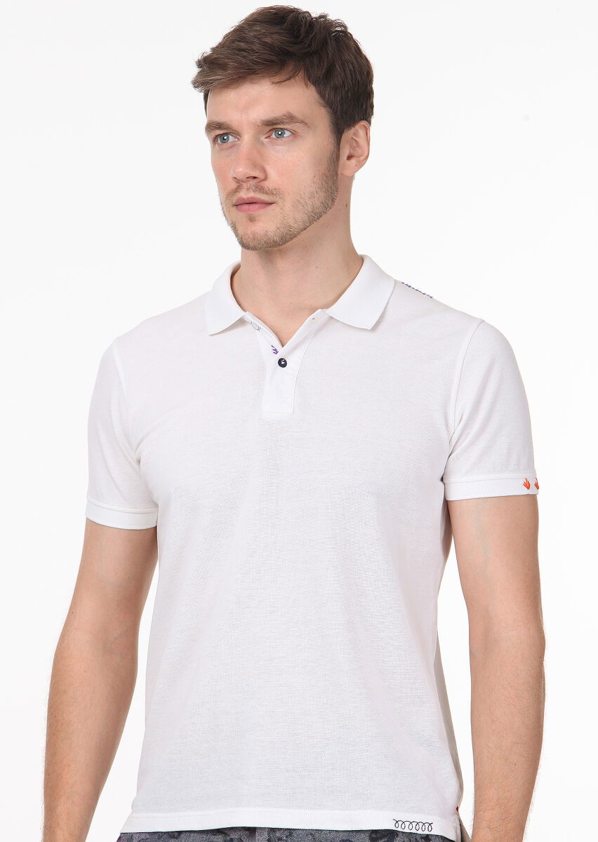 Beyaz Düz Polo Yaka %100 Pamuk T-Shirt - 2