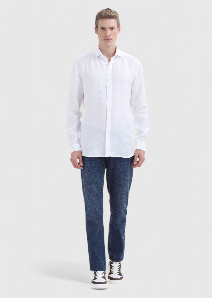 Beyaz Düz Regular Fit Dokuma Casual %100 Keten Gömlek - 1